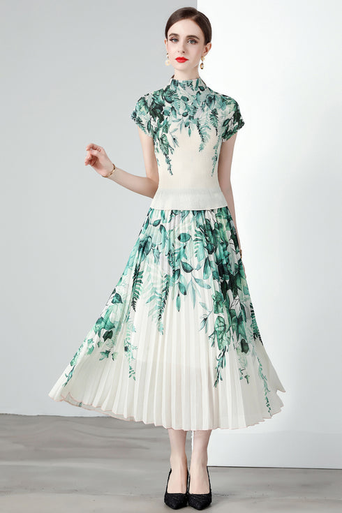 Stunning Splendid Autumn Print Stretchable Two-Piece Set, Mock Neck Top + Pleated Long Skirt, Holiday Chic Casual & Formal Women Dress